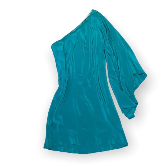 Nicole Miller green silk batwing one shoulder mini dress size 12 - Picture 3 of 13